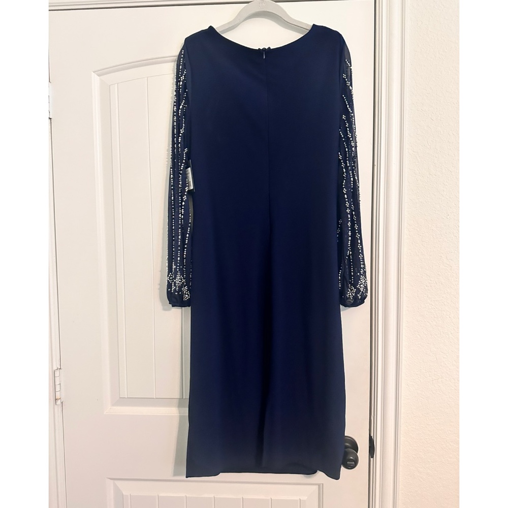 NWT MARINA Navy  Long Sleeve Side Drape Sheath Dress sz16